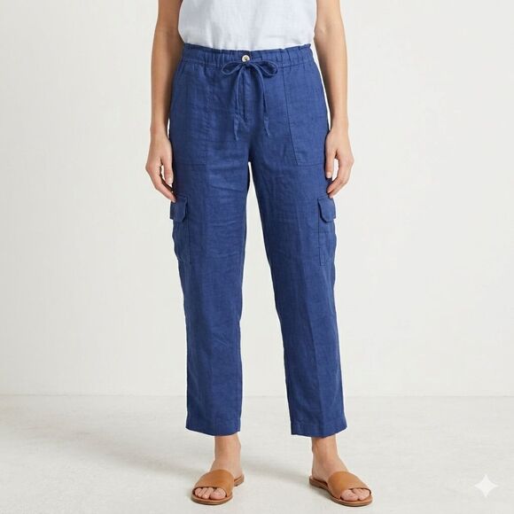 Tommy Bahama Pants - Tommy Bahama Womens Small Blue Linen Cargo Pants Drawstring Crop Summer Resort